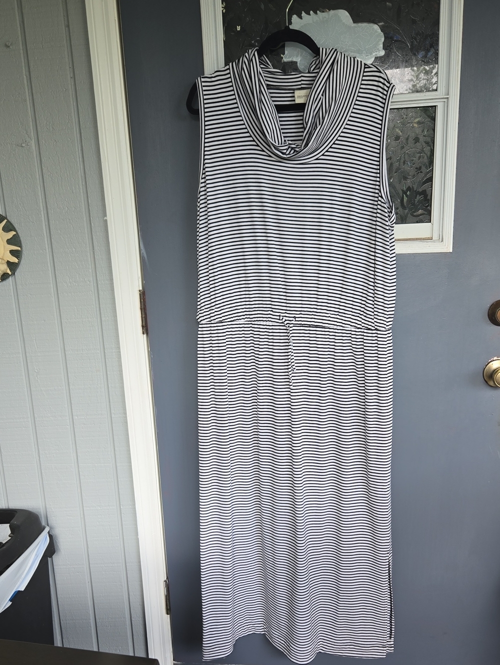 Sleeveless Black and White Striped Cowl Neck Maxi Dress